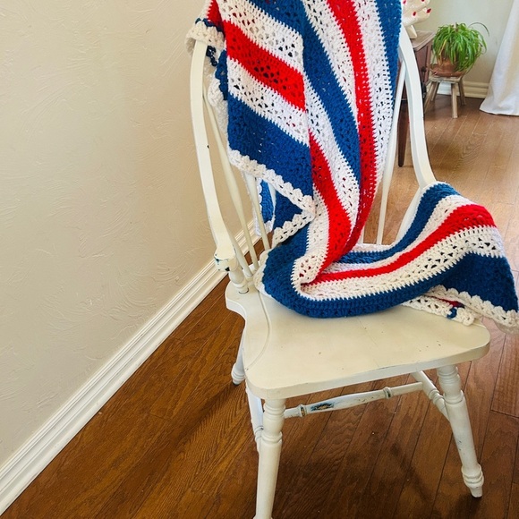 EUC handmade crocheted blanket afghan in red, white and blue. 41x77 inches. - Picture 6 of 7